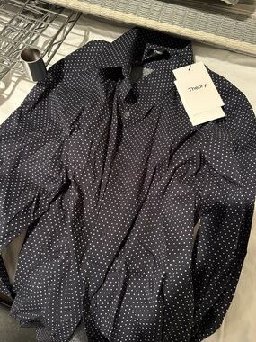 Theory Men’s Black Button-Down Shirt with White Polka Dots